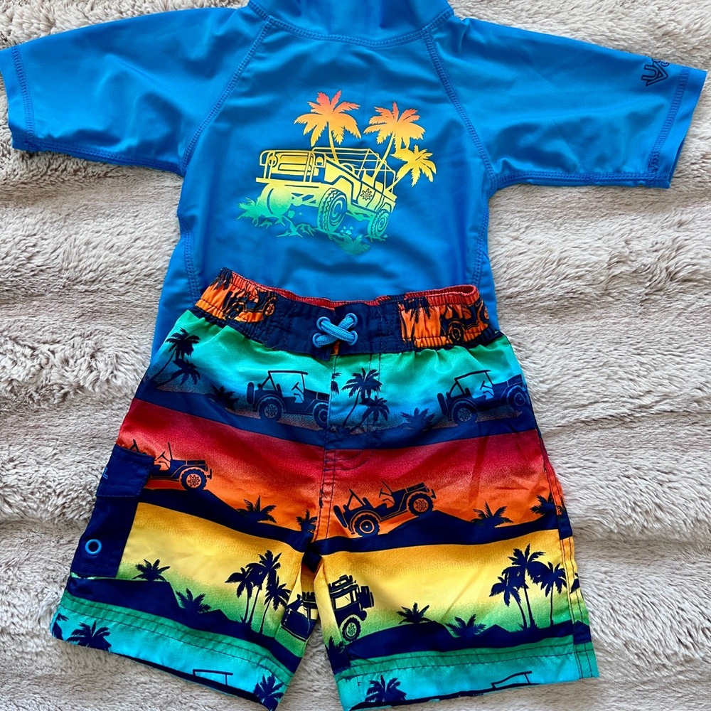 Unk Blue Rashguard Swim Set with Tropical Design